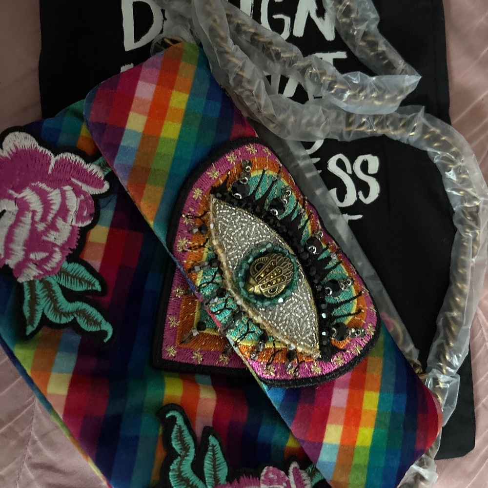 Rainbow Embroidered Crossbody Bag with Decorative Eye Patch